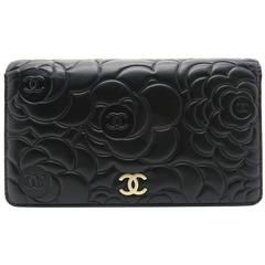 Chanel Black Camellia Embossed Lambskin Leather Bifold Long Wallet