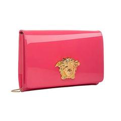 Nouveau Versace Palazzo coral pink patent leather clutch bag with gold Medusa