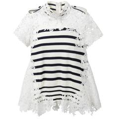Sacai Striped Cotton & Guipure Lace Peplum Top Sz 2 8