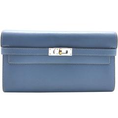 Hermes Kelly Wallet Blue / Bleu Jean Epsom Leather Silver Plated Wallet