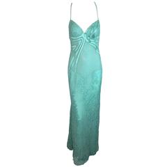 F/W 2000 Gianni Versace Runway Light Green Sheer Mesh & Lace Gown Dress