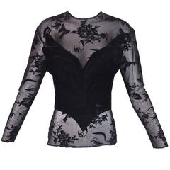 F/W 1995 Thierry Mugler Sheer Mesh Embroidered Top & Black Velvet Bustier 9