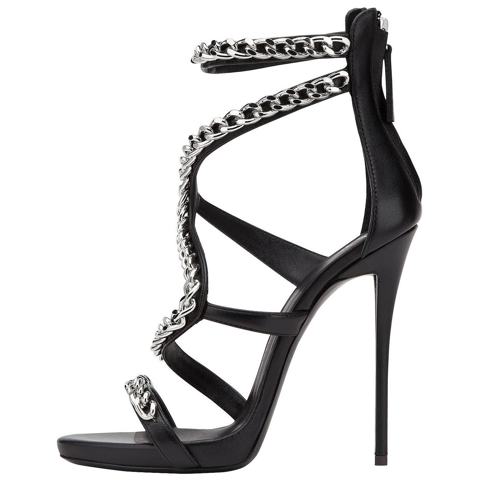 Gisuseppe Zanotti New Sold Out Black Leather Silver Chain Sandals Heels in Box