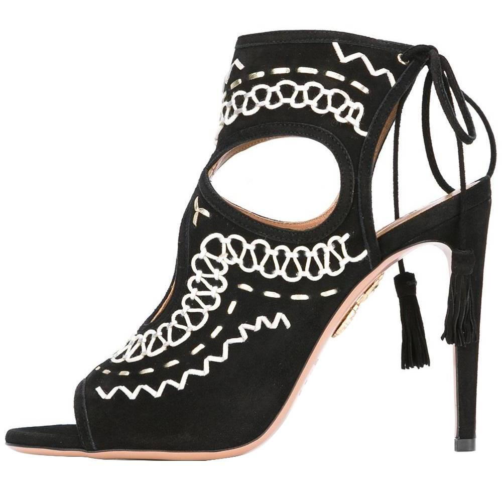 Aquazzura New Sold Out Black White SUEDE Cut Out Evening Sandals Heels in Box