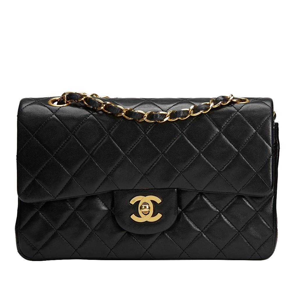 1990s Chanel Black Quilted Lambskin Vintage Small Classic Double Flap Bag