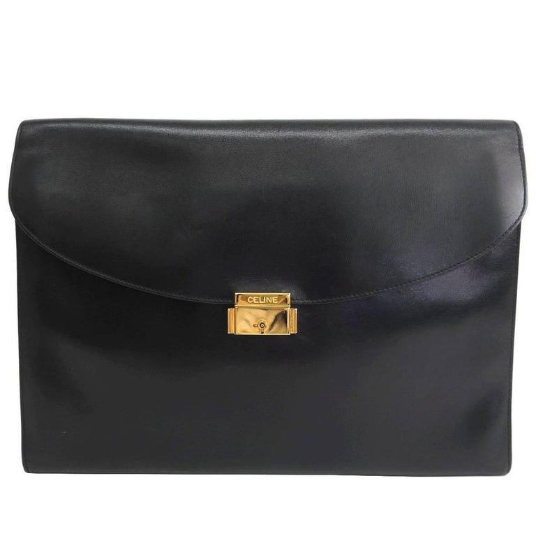 Celine Black Leather Gold Hardware Large Envelope Clutch Carryall Flap