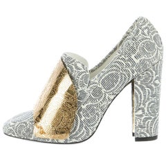 YSL New & SOLD OUT Blue Ivory Gold Plated Block Evening Heels Pumps