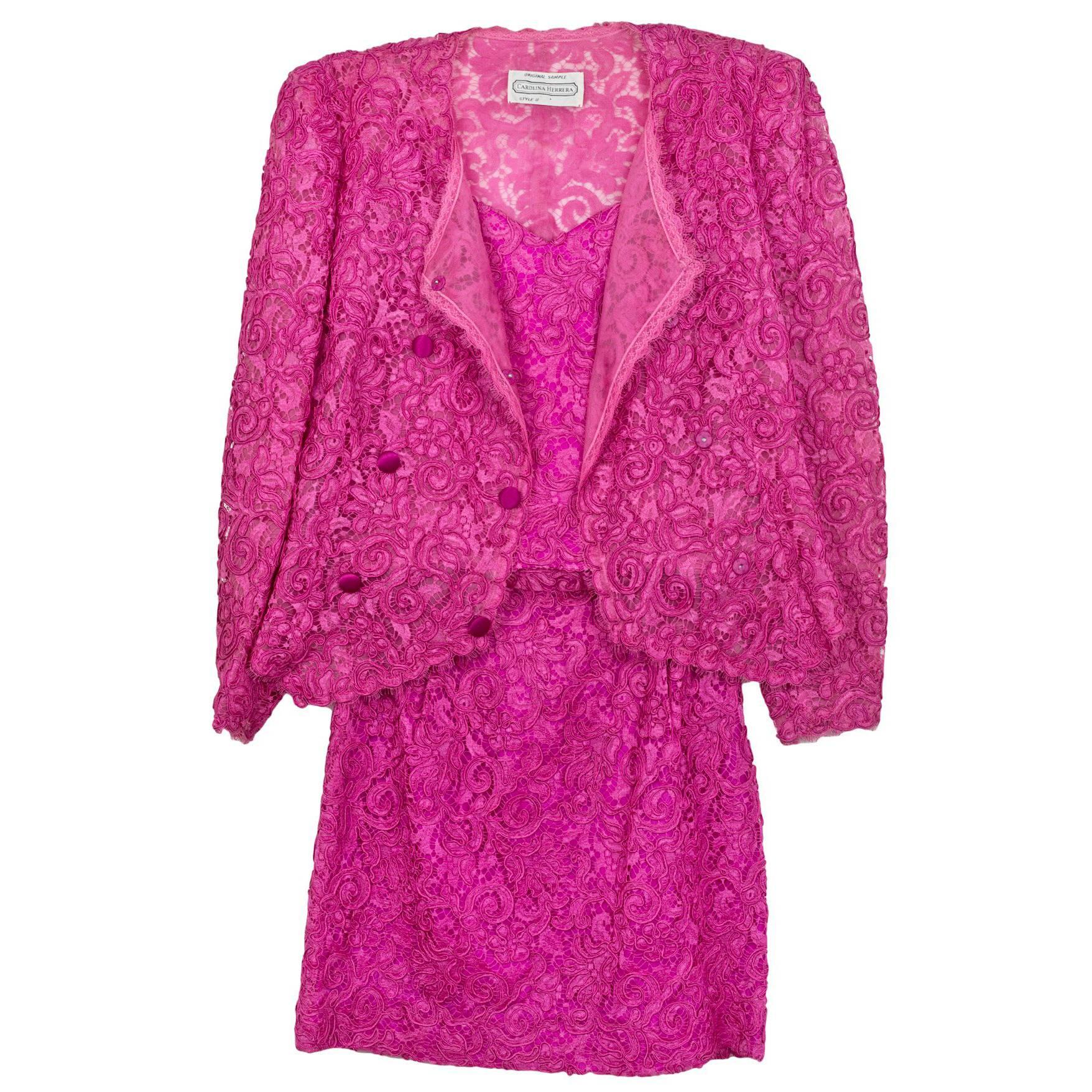 Carolina Herrera Pink Lace Double Breasted Jacket 

Made In: USA
Color: Pink
Composition: 50% cotton, 30% rayon, 20% nylon
Lining: Pink, 100% silk
Closure/Opening: Jacket- Double breasted snap closure
Exterior Pockets: None
Interior Pockets: