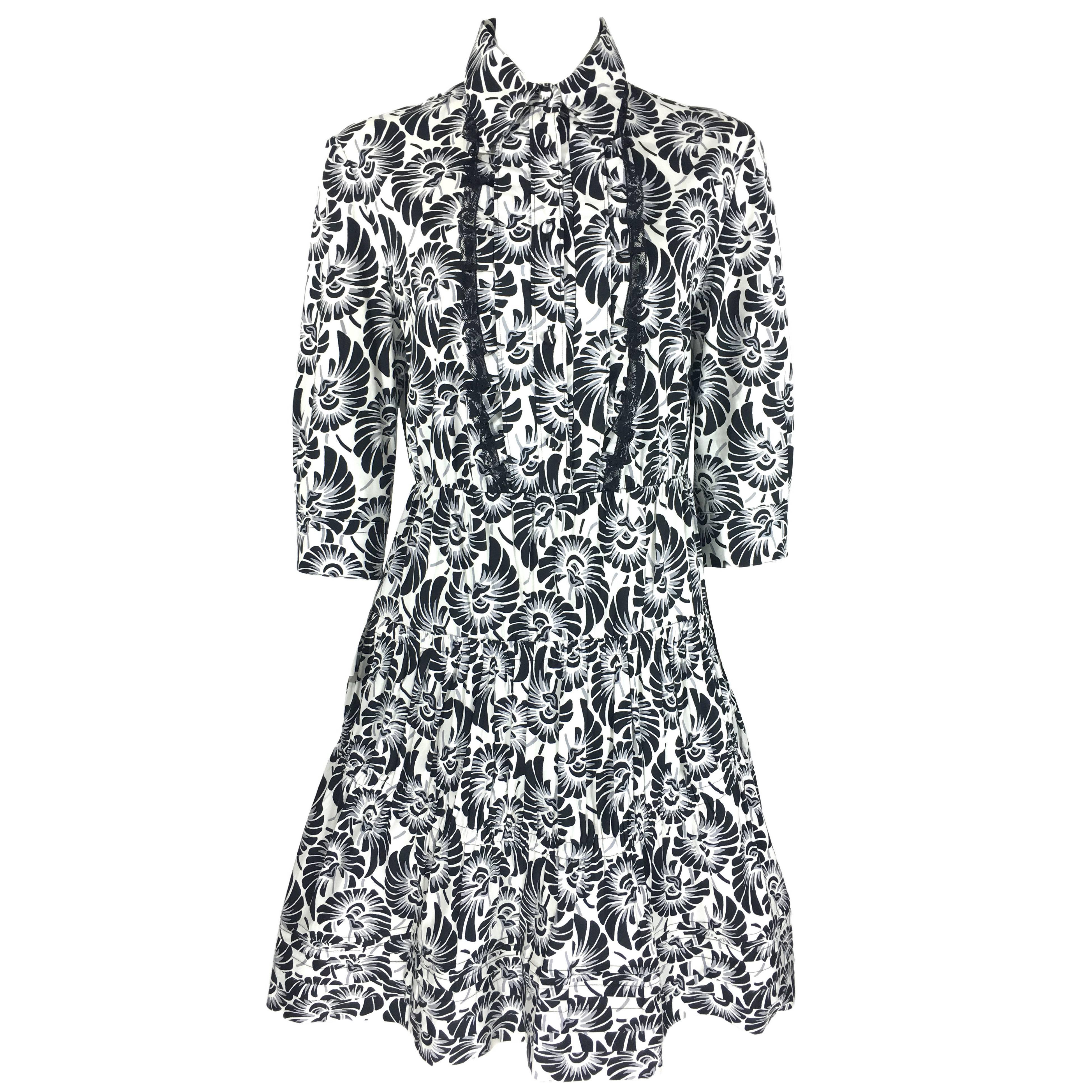 Prada 2016 Black & White Bold Print Stretch-cotton Poplin Dress