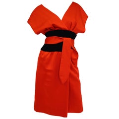 1980s Estevez Poppy Red Kimono-Inspired Satin Cocktail Dress