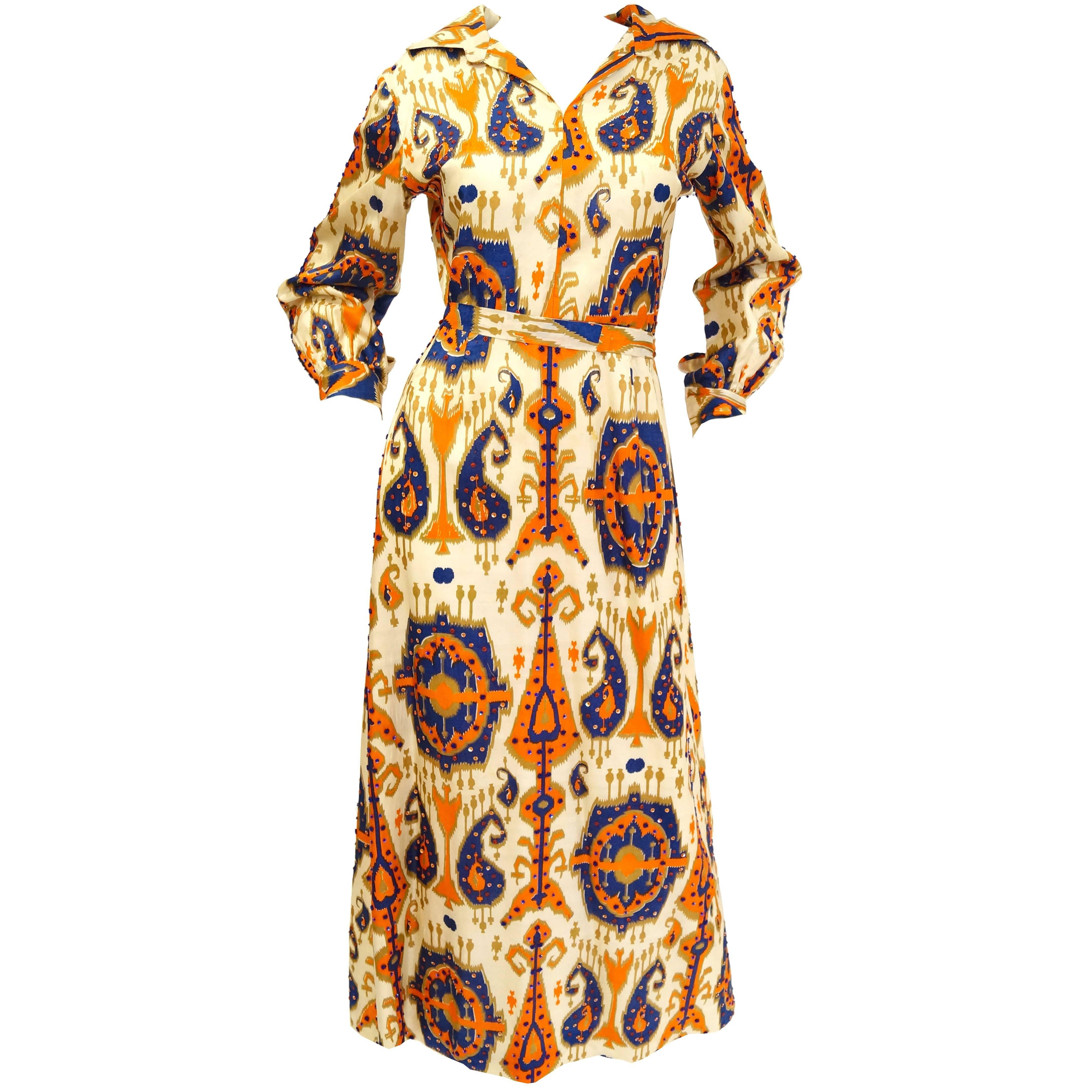 Paisley Ikat Silk Beaded and Sequin Hostess Dress, 1970s  For Sale