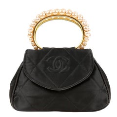 Chanel Vintage Pearl Handle Black Silk Evening  Bag