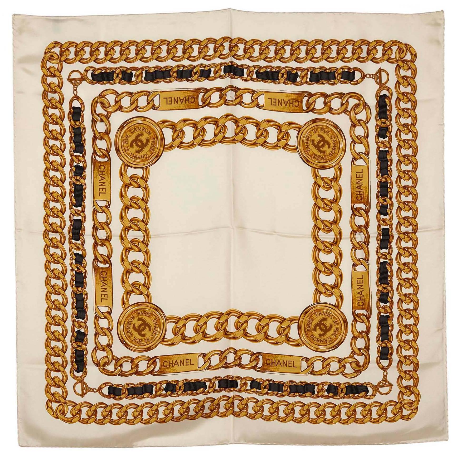 Chanel White Silk Chain Pattern Square Scarf