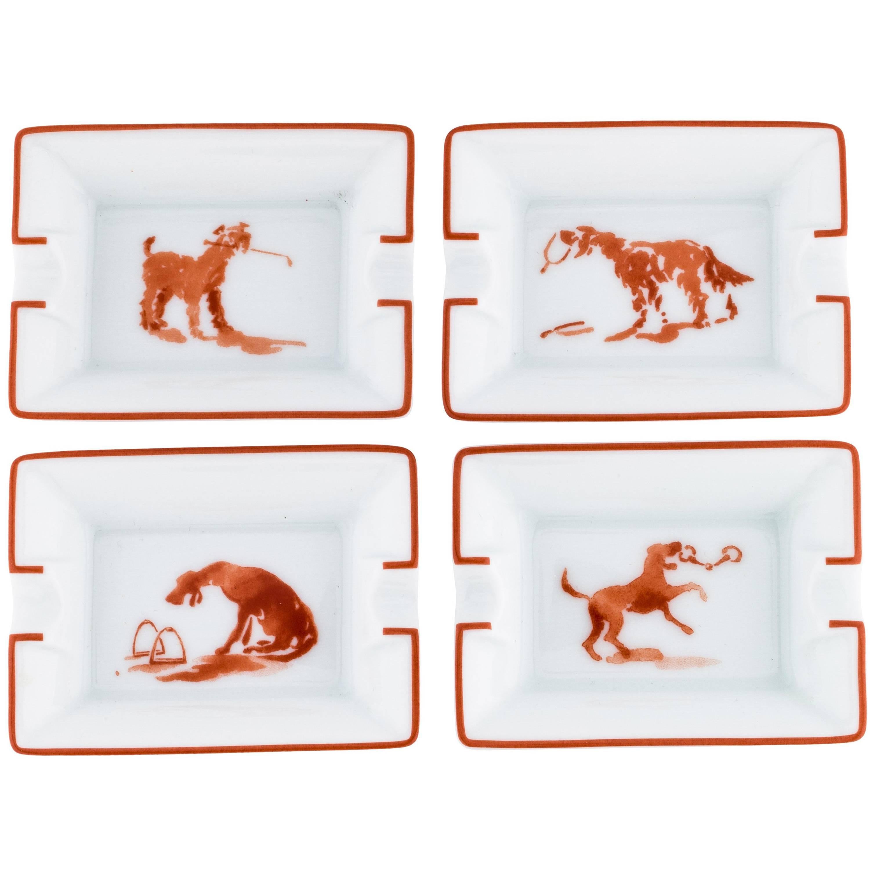 Hermes New Porcelain Home Desk Table Dog Motiff Ashtrays Trinket Trays in Box