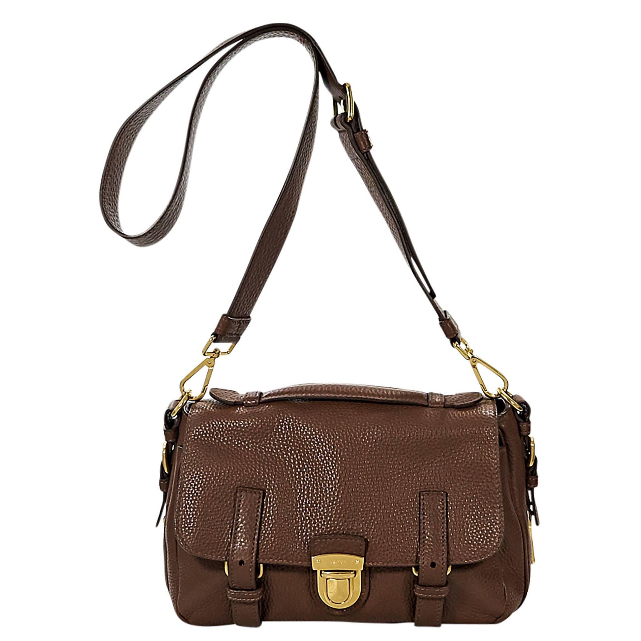 Brown Prada Pebbled Leather Messenger Bag
