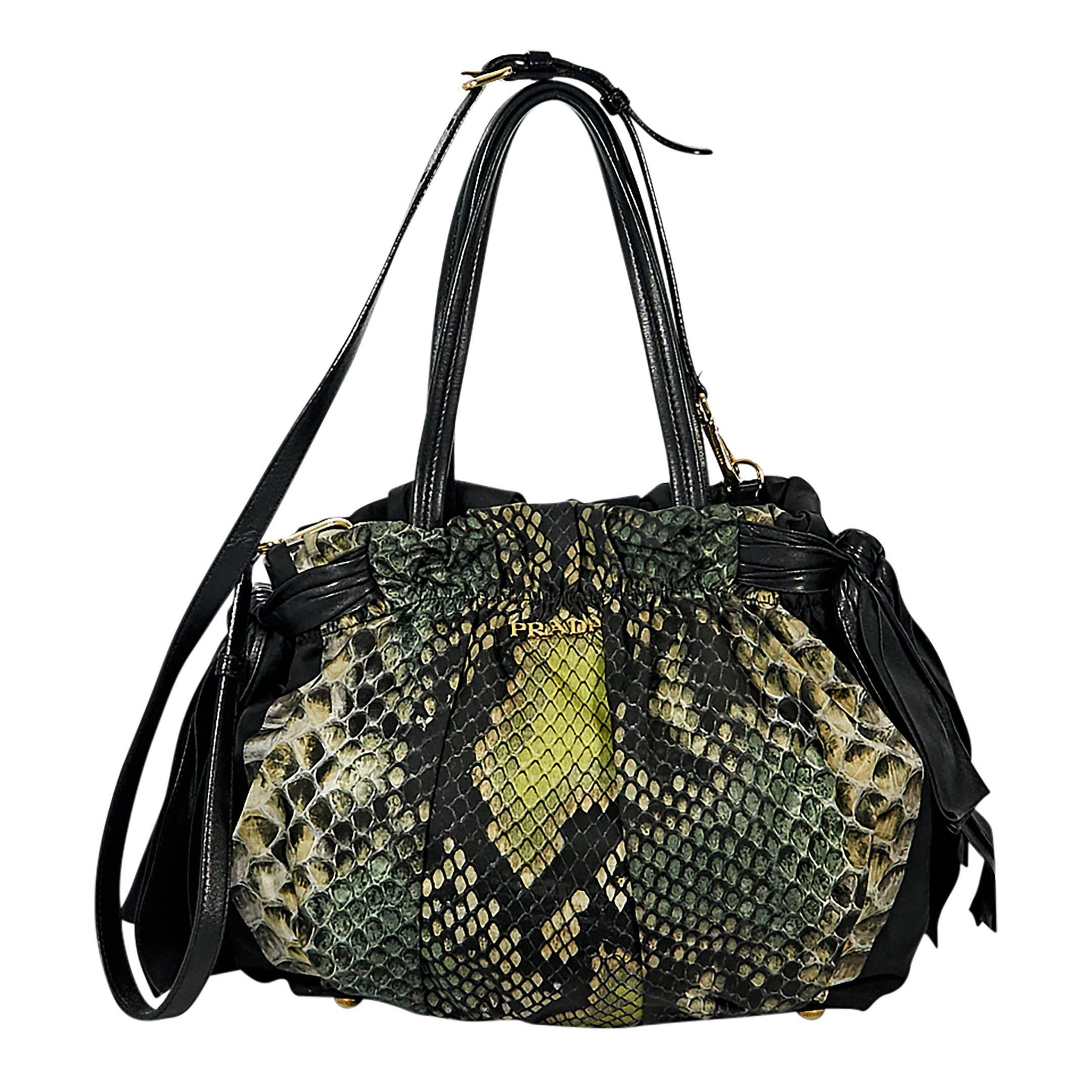 Green Prada Snake-Printed Tessuto Satchel