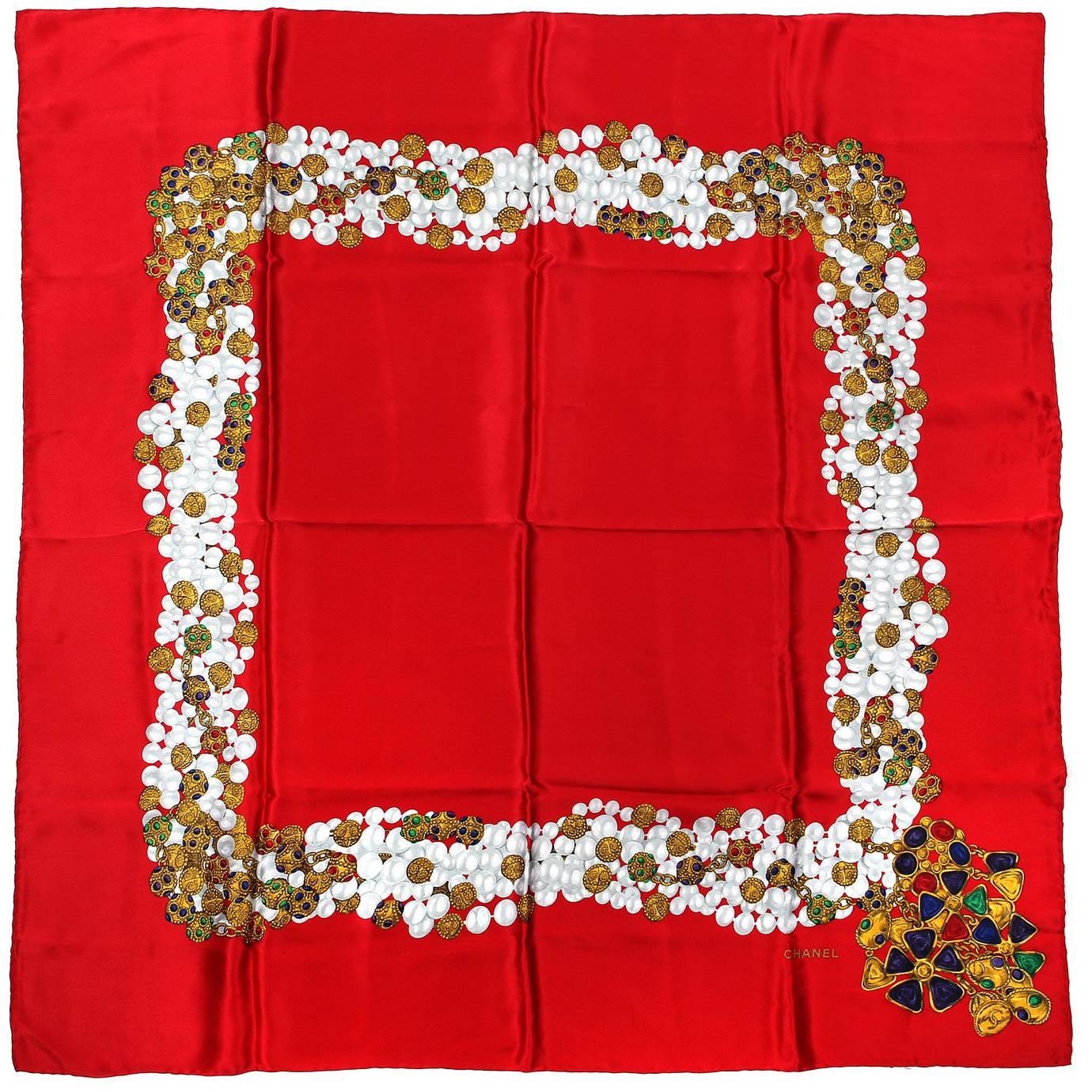 Chanel Red Silk Gripoix Scarf For Sale
