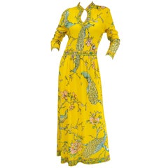 Fantastic 1960s Maurice Yellow Asian Print Jersey Dress