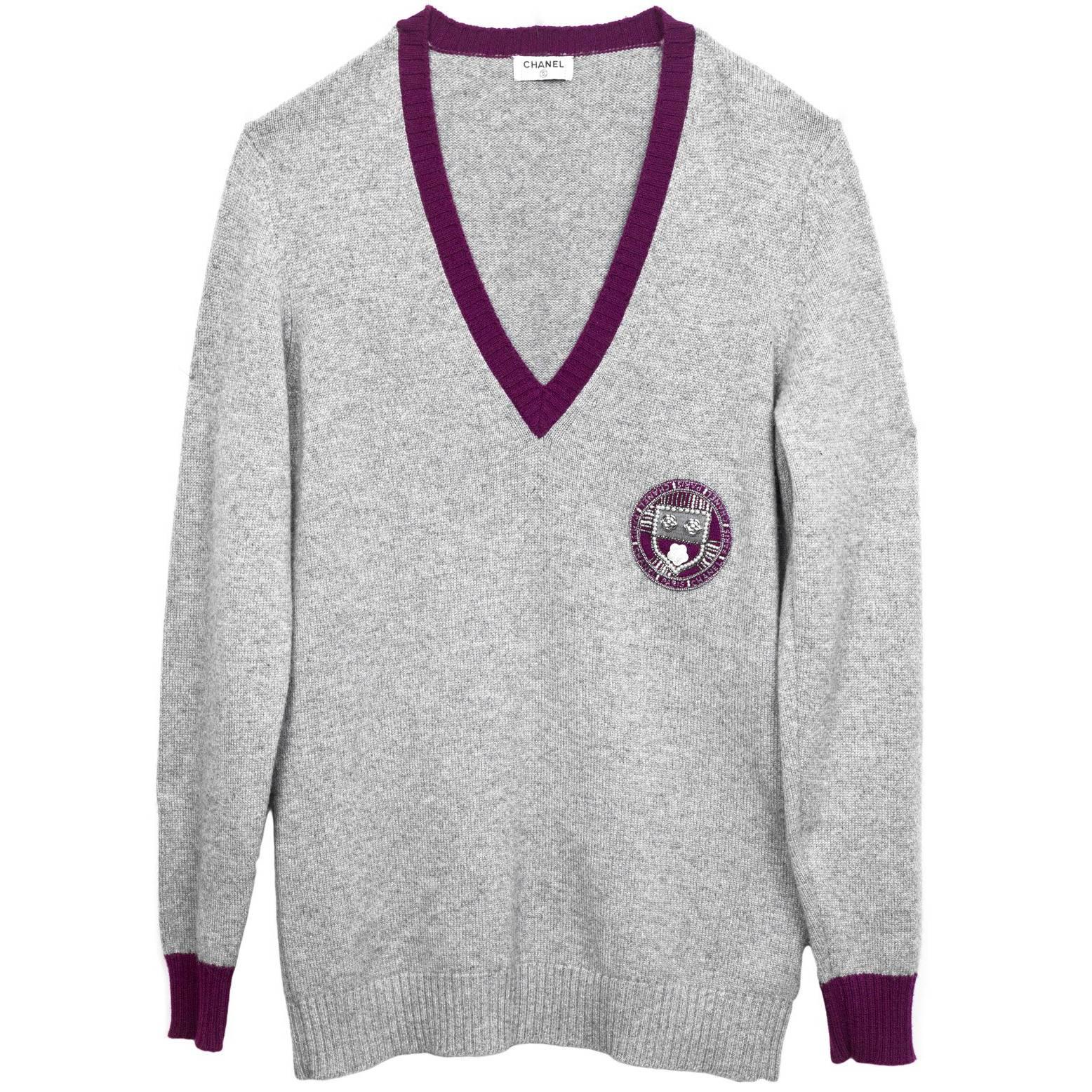 ​Chanel Grey Cashmere Prep-School Sweater sz L
