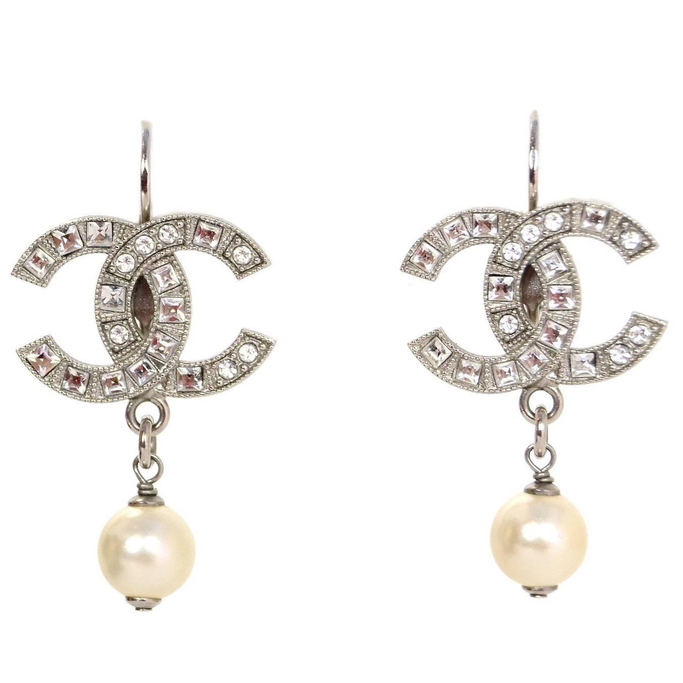 Chanel 2016 Crystal CC & Pearl Pierced Earrings