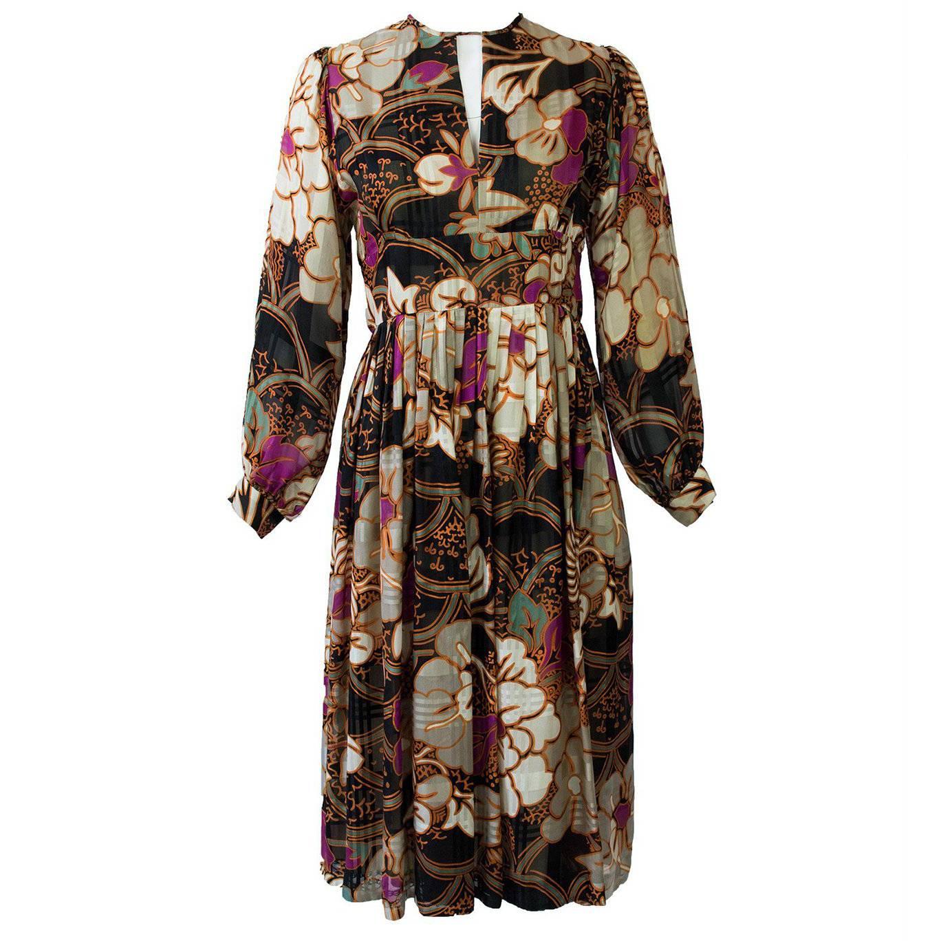 Chester Weinberg Silk Floral Print Long Sleeve Dress