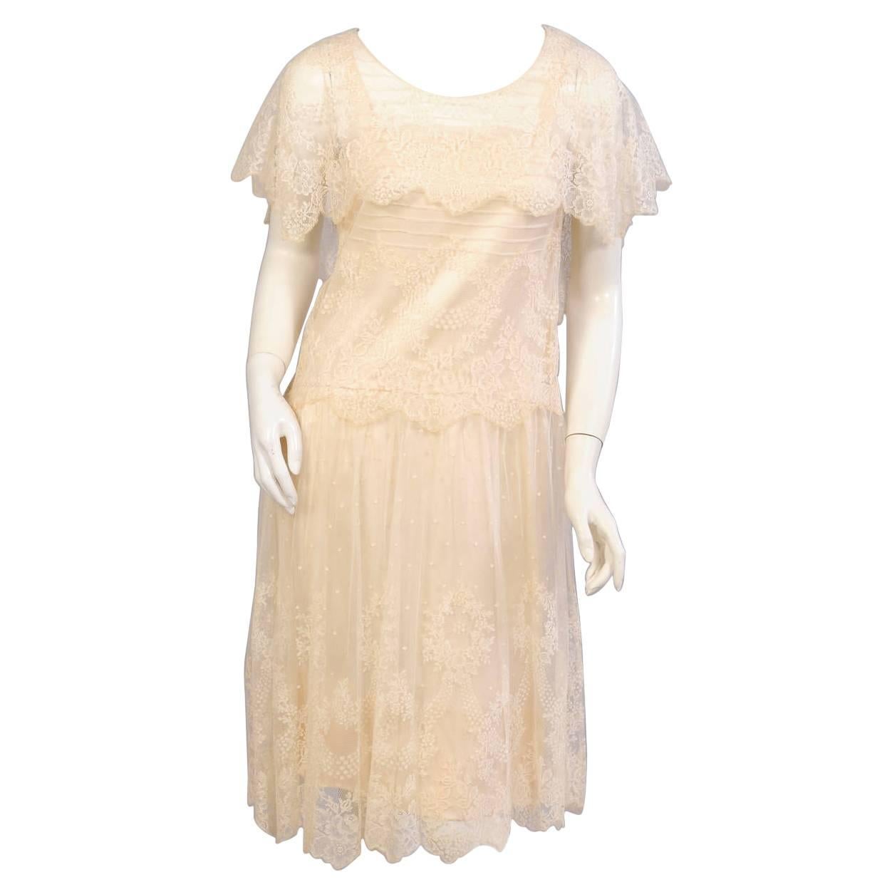 1920's Cream Lace & Silk Dress For Sale