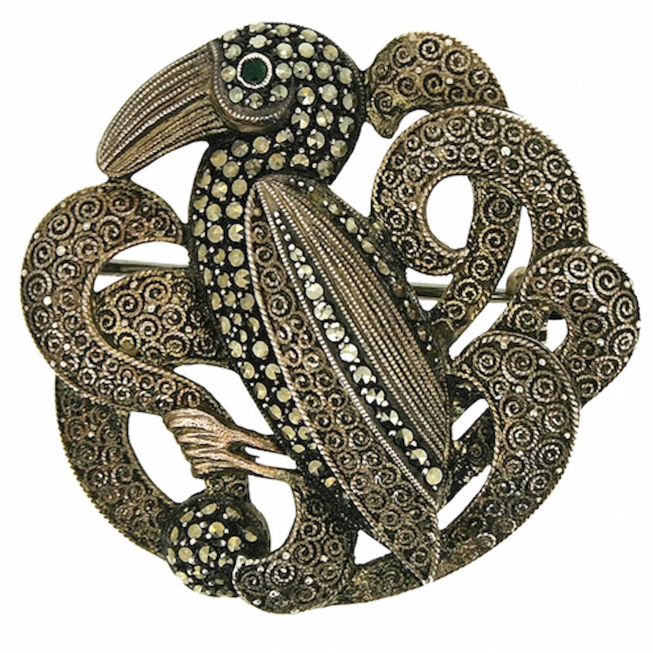 Theodor Fahrner 1930s Silver Marcasite & Filigree Vintage Bird Brooch