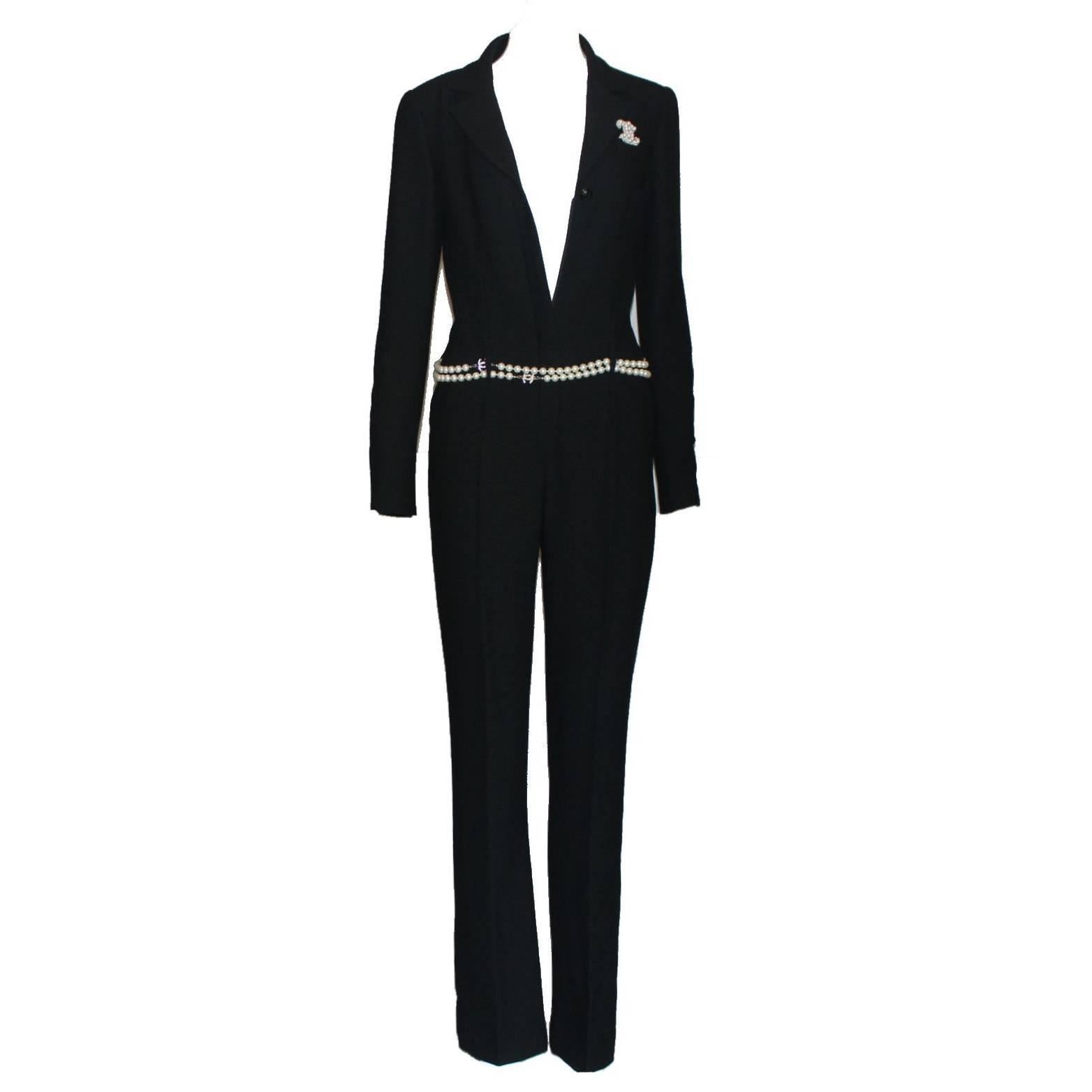 Chanel Black Boucle Overall Jumpsuit with Zipper