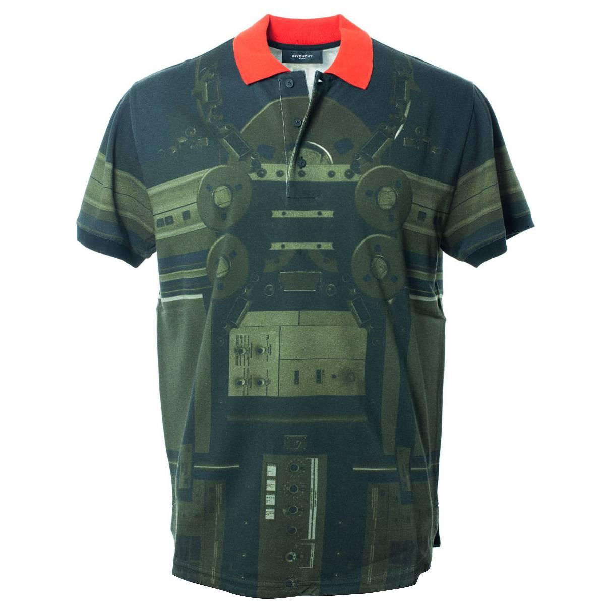 Givenchy Men's Olive & Red Printed Graphic Polo Shirt  For Sale