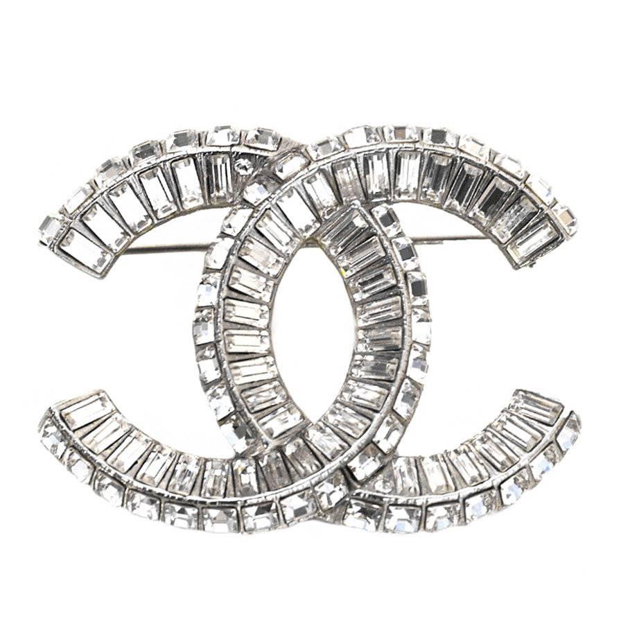 CHANEL Baguette Crystal CC Brooch Silver 62525