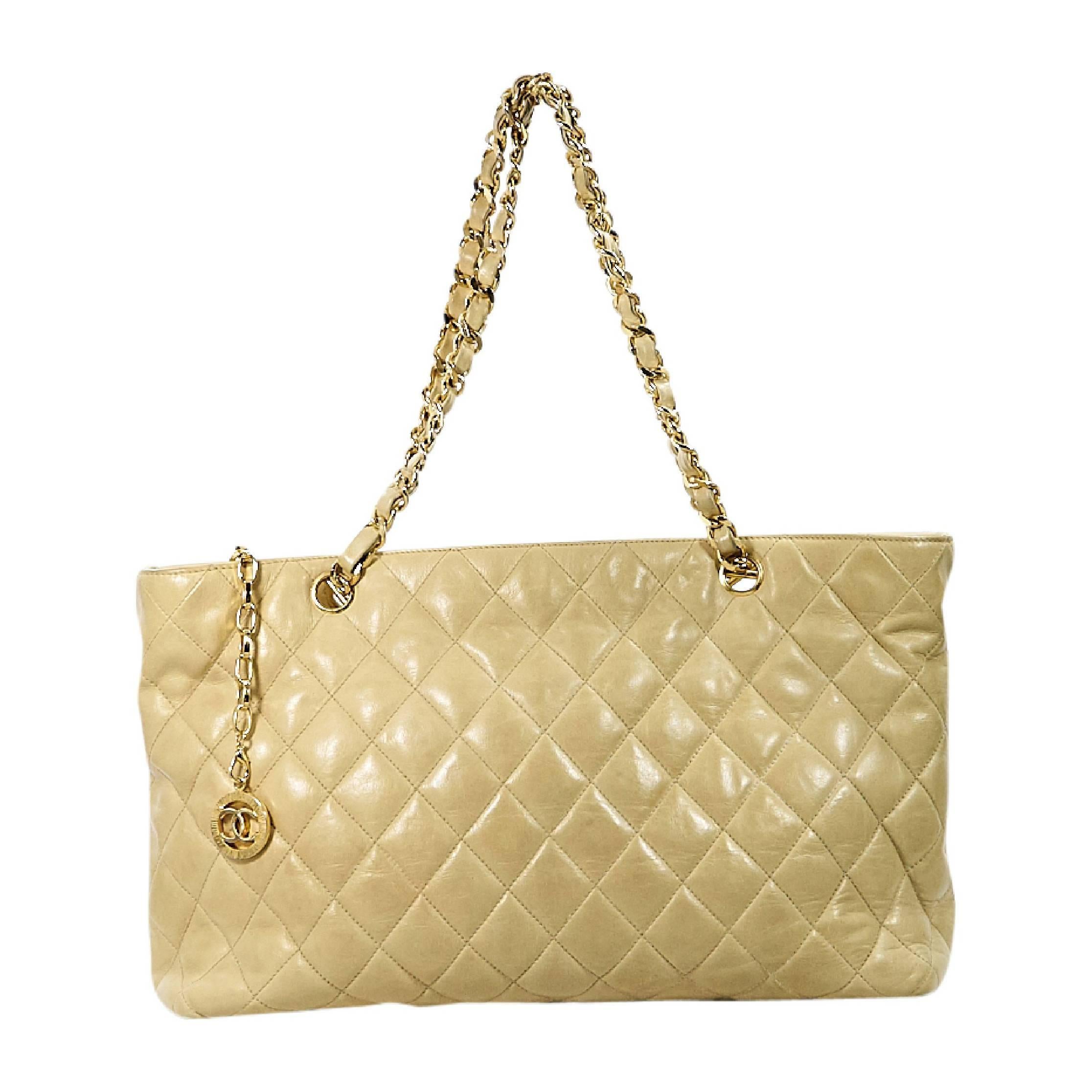 Tan Vintage Chanel Quilted Tote Bag