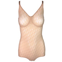 Vintage 1990's Christian Dior Nude Sheer Mesh Monogram Bodysuit Top 36C