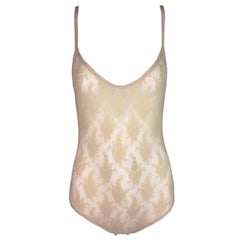 1990's Christian Dior Nude Mesh & Lace Plunging Sheer Bodysuit Top 10