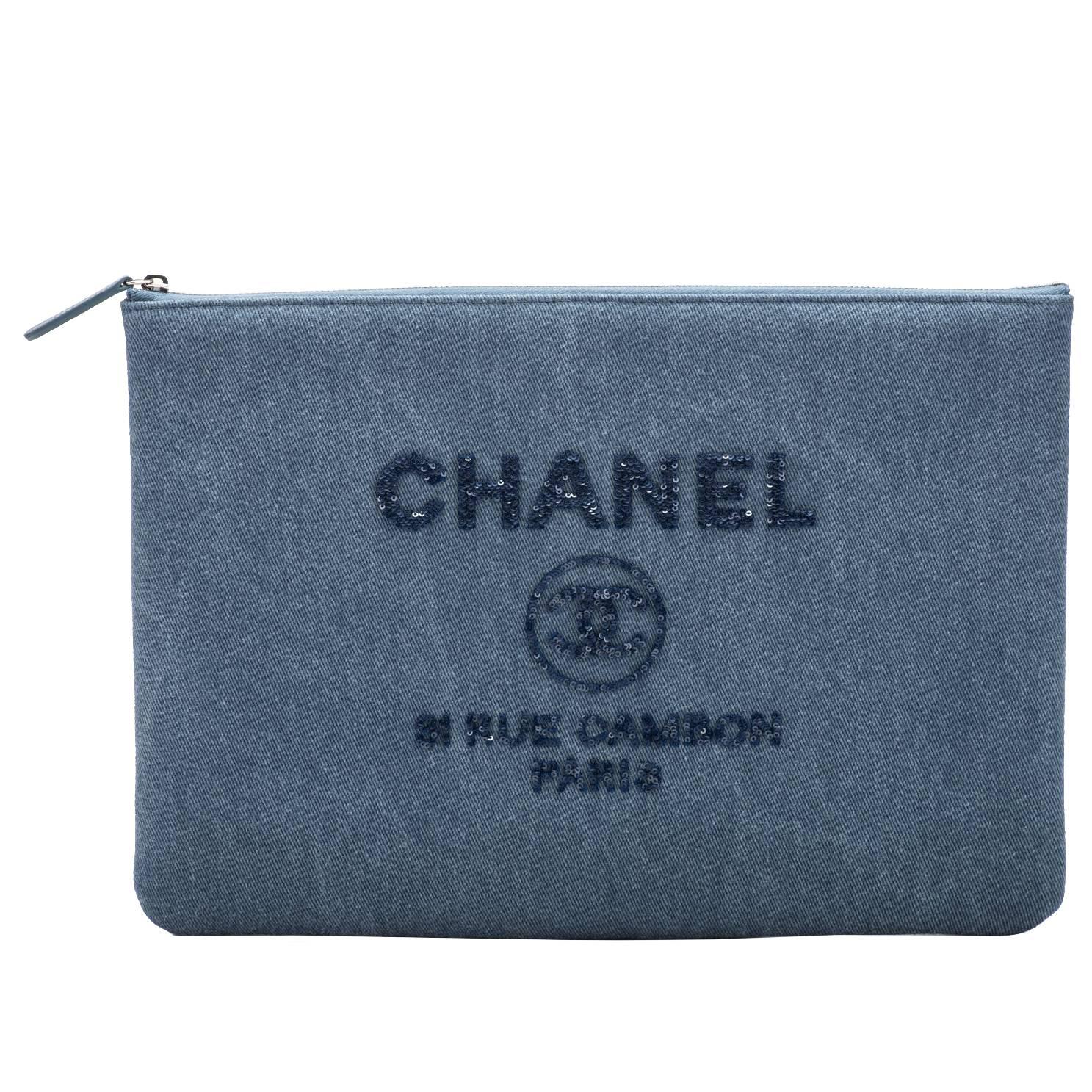 New Chanel Denim Sequins Large Clutch Bag