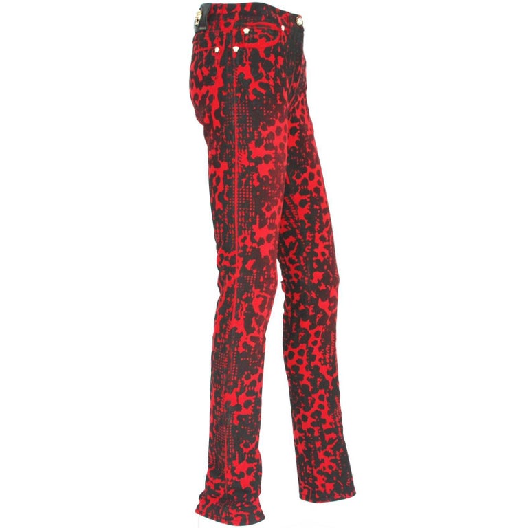 New 795 Versace Red Black Medusa Leopard Graphic Print Stretch Denim