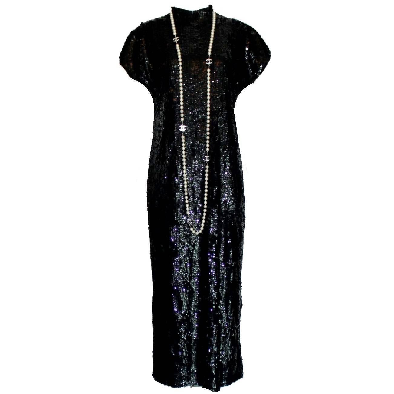 Chanel Boutique Vintage Black Sequin Evening Dress 1980s 1990s