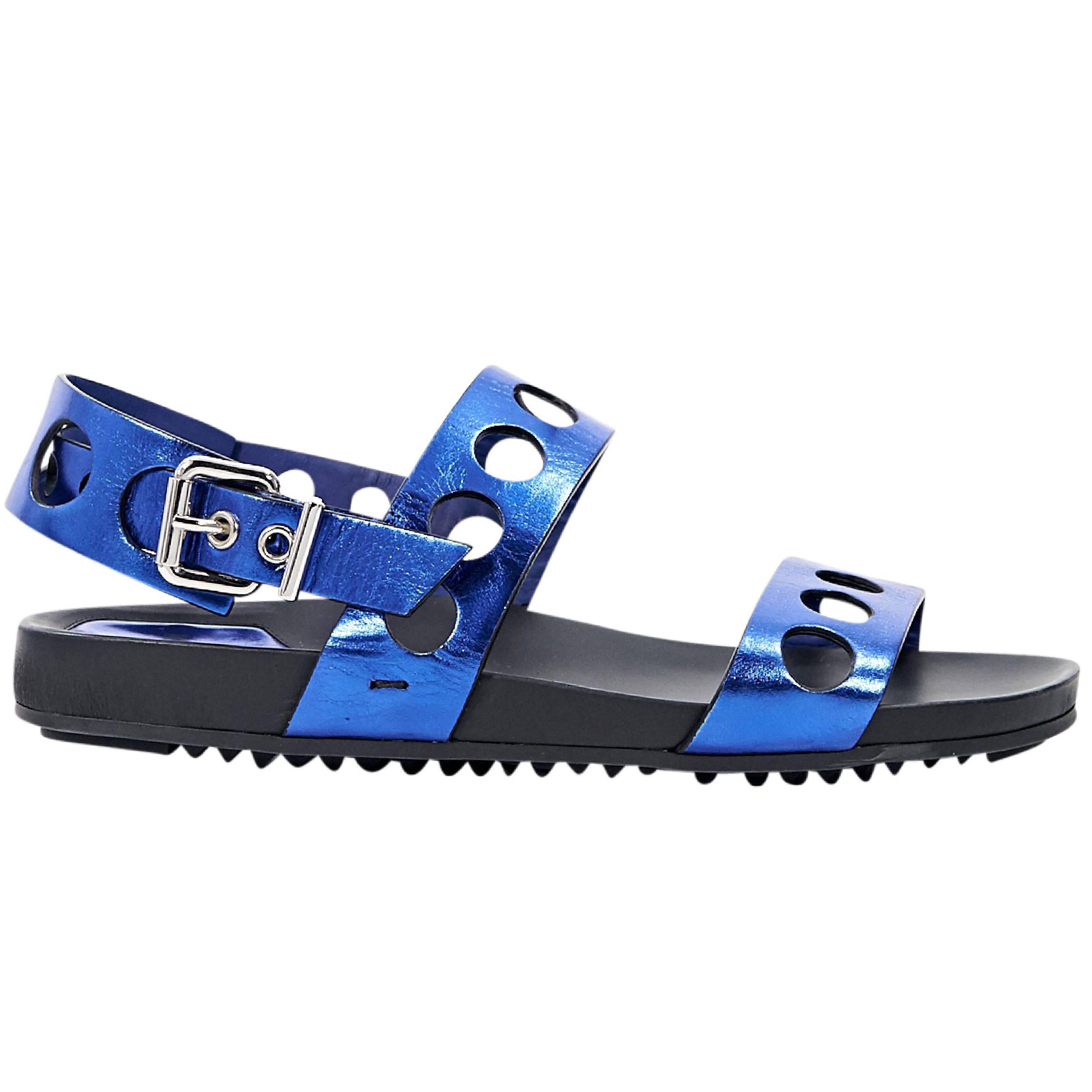 Metallic Blue Fendi Leather Flat Sandals