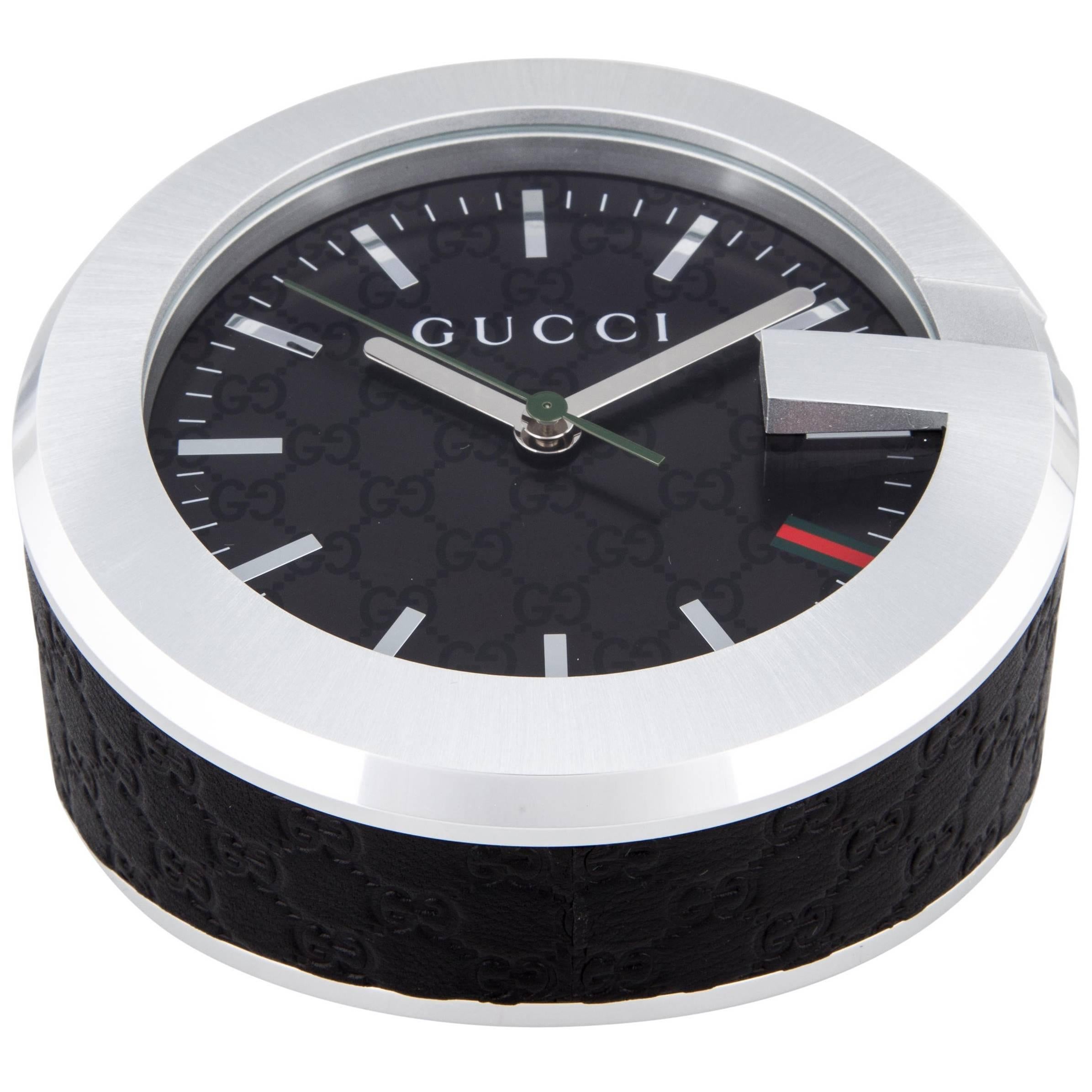 Gucci New Men's Black Leather Stainless Steel Table Desk Clock in Box