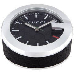 Gucci New Men's Black Leather Stainless Steel Table Desk Clock in Box