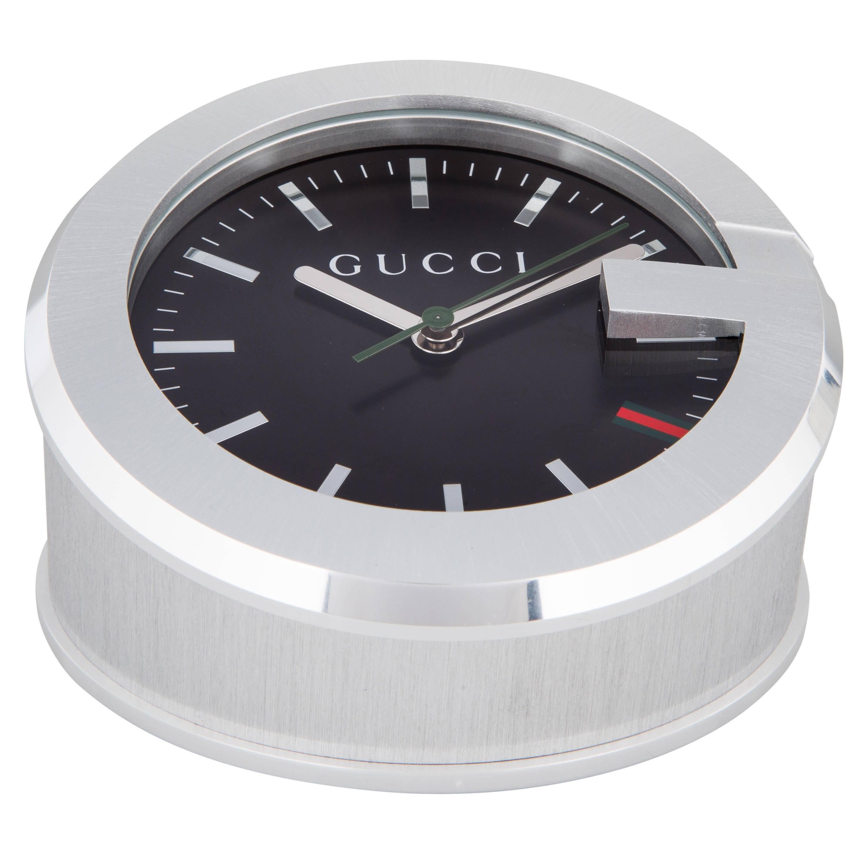 Gucci New Men's Silver Stainless Steel Table Desk Clock in Box