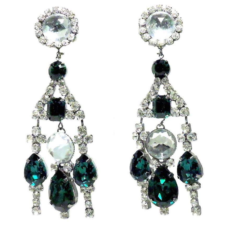  Kenneth J. Lane Long Green and Clear Crystals Earrings For Sale