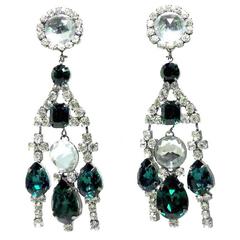 Kenneth J. Lane Long Green and Clear Crystals Earrings