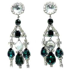  Kenneth J. Lane Long Green and Clear Crystals Earrings