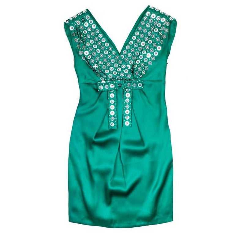 CHRISTIAN DIOR Cocktail Embroidered Dress in Malachite Green Green Silk Size 38 For Sale