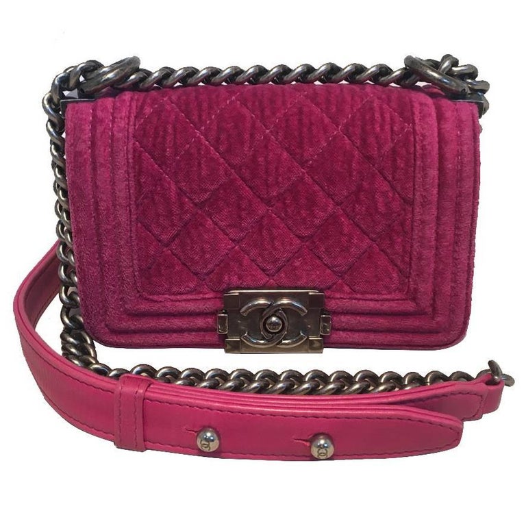 Chanel Magenta Velvet Extra Mini Classic Le Boy Flap Bag For Sale at