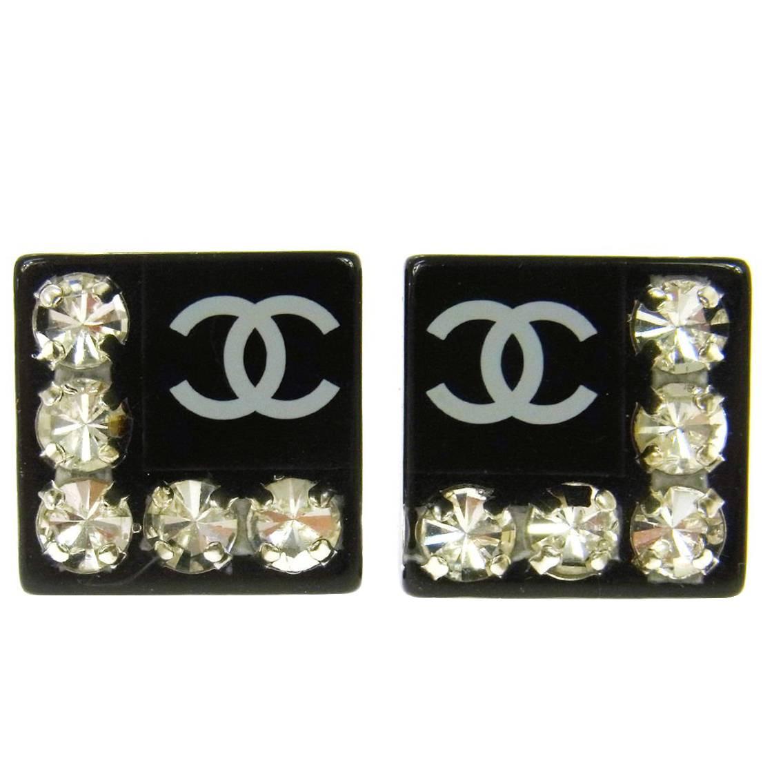 Chanel Black Resin Square Rhinestone Charm Evening Stud Earrings