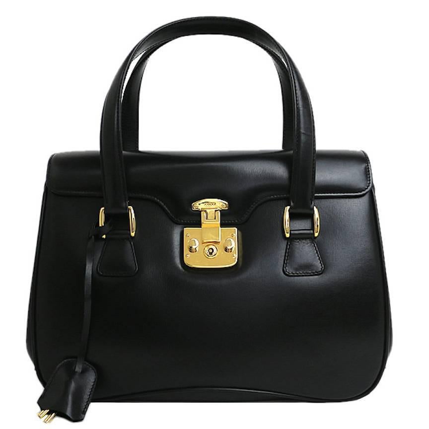 Gucci Black Leather Gold Kelly Style Top Handle Satchel Flap Bag W/ Accessories