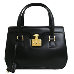Gucci Black Leather Gold Kelly Style Top Handle Satchel Flap Bag W/ Accessories 7