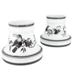 Hermes Porcelain White Black Bird Set of Two 2 Home Decorative Candle Holders