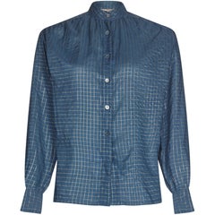 Vintage 1970s Yves Saint Laurent Blue and Gold Thread Checked High Necked Blouse